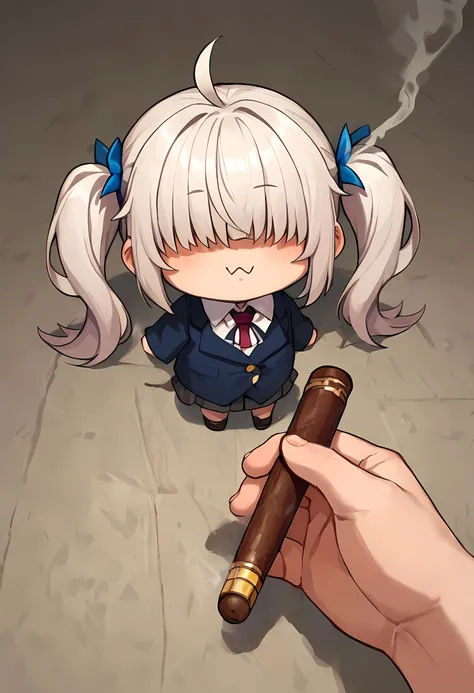 score_9, score_8_up, score_7_up, BREAK
godoacrime, 1girl, white hair, messy hair, hair covering eyes, hair over eyes, twintails, :3, chibi, pov, hand, holding gun, smoking cigar, cigarette, holding cigar, smoke <lora:GoDoACrime DoRA PDXL:1>