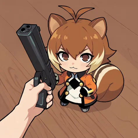 score_9, score_8_up, score_7_up, score_6_up BREAK godoacrime,from above, chibi, pov, holding gun,makoto nanaya,blazblue,two-tone hair,toned,squirrel tail,ahoge,brown eyes <lora:goDoACrimeMemeDora_v10:1>