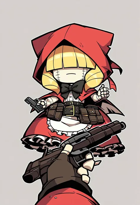 score_9, score_8_up, score_7_up, score_6_up, score_5_up, score_4_up, rating_safe,source_anime,godoacrime, 1girl, chibi, pov,hand, holding gun, chaperomon,,1girl,solo,red hood,dress,apron,bowtie,belt,blonde hair,hair over eyes,shaded face,stitches