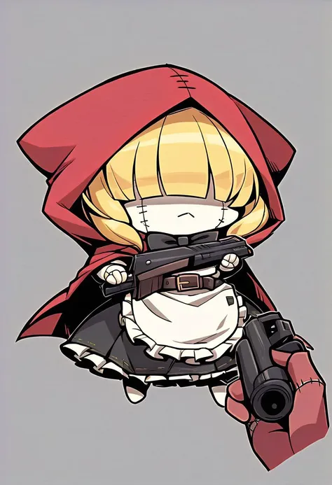 score_9, score_8_up, score_7_up, score_6_up, score_5_up, score_4_up, rating_safe,source_anime,godoacrime, 1girl, chibi, pov,hand, holding gun, chaperomon,,1girl,solo,red hood,dress,apron,bowtie,belt,blonde hair,hair over eyes,shaded face,stitches