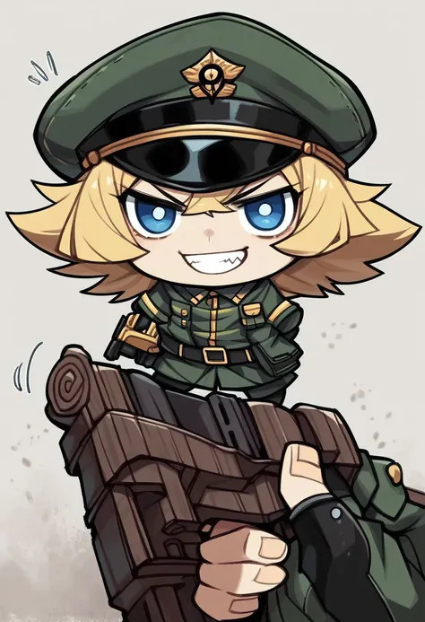 score_9, score_8_up, score_7_up, score_6_up, score_5_up, score_4_up, rating_safe,source_anime,godoacrime, 1girl, chibi, pov,hand, holding gun,tanya degurechaff,youjo senki,blonde hair,blue eyes,military cap,military uniform,evil grin