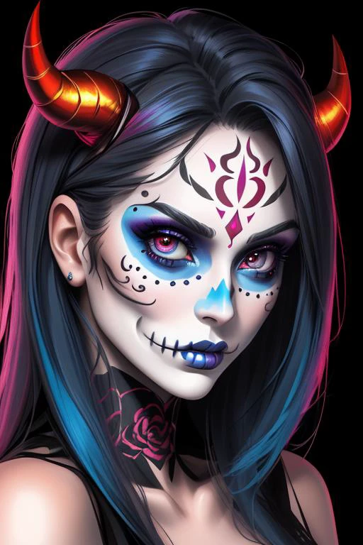 high resolution photo of (detailed face) female devil sugar skull makeup background colorful hdr 35mm