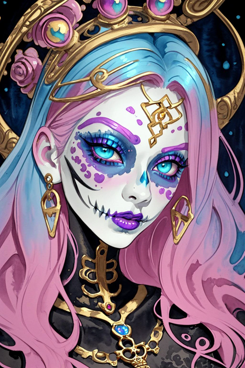 watercolor, (day of the dead), skeleton face paint, ornate jewelry, gems, ornate gold, magical eyes, closeup, face jewelry, ((color split)), pink hair, blue hair, ((gold ornate bindi)), jewels, long hair, ((ink wash painting)), abstract, ((cubist)), pink lips, blue lips