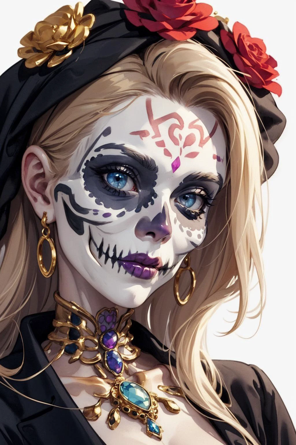 watercolor, day of the dead, skeleton face paint, ornate jewelry, gems, gold, closeup, face jewelry