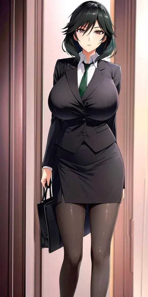 <lora:ChifuyuV3:0.7>, Orimura_Chifuyu, Black_skirt_suit_Black_pantyhose_Green_necktie, huge_breasts, standing, solo,, masterpiece, best quality, detailed face, detailed eyes, highres,
