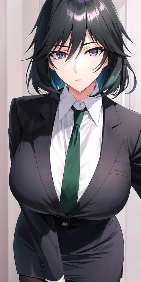 <lora:ChifuyuV5:0.7>, Orimura_Chifuyu, Black_skirt_suit_Black_pantyhose_Green_necktie, huge_breasts, standing, solo,, masterpiece, best quality, detailed face, detailed eyes, highres,