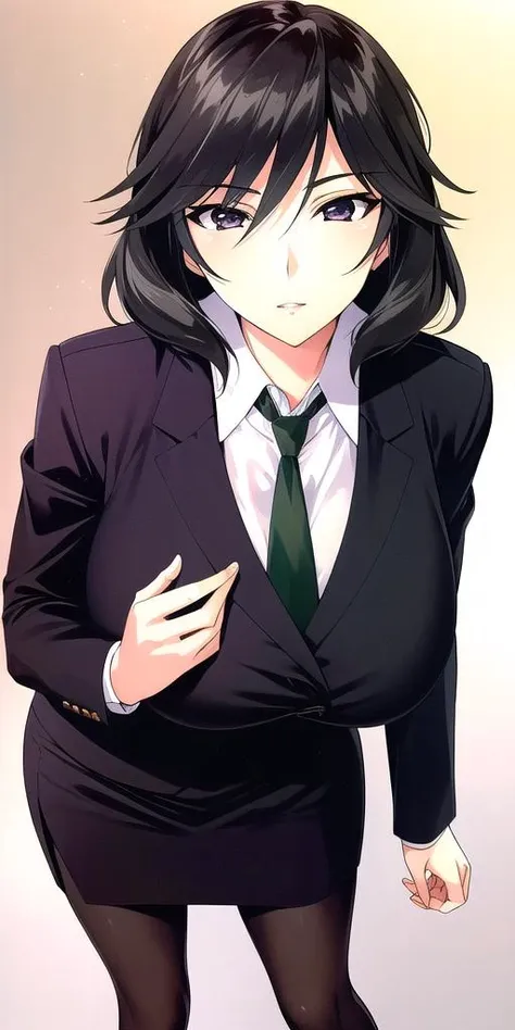 <lora:ChifuyuV3:0.7>, Orimura_Chifuyu, Black_skirt_suit_Black_pantyhose_Green_necktie, huge_breasts, standing, solo,, masterpiece, best quality, detailed face, detailed eyes, highres,