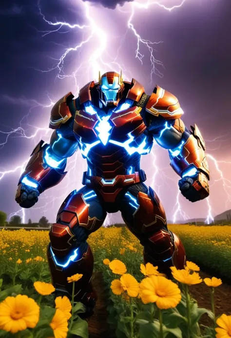 now we want scenery in real turmoil powerful ((lightning maelstrom (TITAN))) in the flower fields, ZAP THAT TITAN TOO, best krap, OverallDetailXL