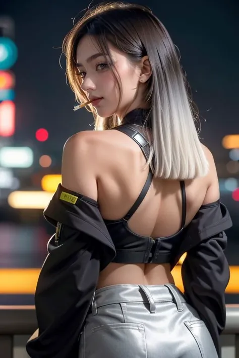 (Best Quality: 1.4), (Masterpiece: 1.4), 8K Ultra High Resolution,20 year old, 1girl, Lucy (Cyberpunk), facing away but turning towards the viewer with an evil grin, showcasing her beautiful face and grey eyes,