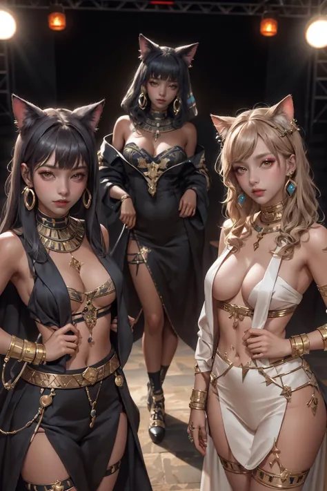highres,absurdres,masterpiece,best quality,original,extremely detailed CG,extremely detailed wallpaper,perfect lighting,jitome,lips,makeup,standing on the stage,3girls,
<lora:Egyptgodpunkv.4:0.6>,egypt,bastettechpunk1,
