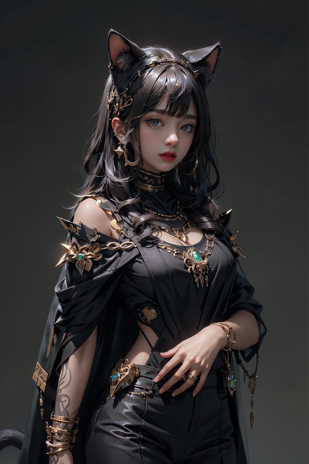 A woman in a black outfit with a cat ears and a cape - SeaArt AI