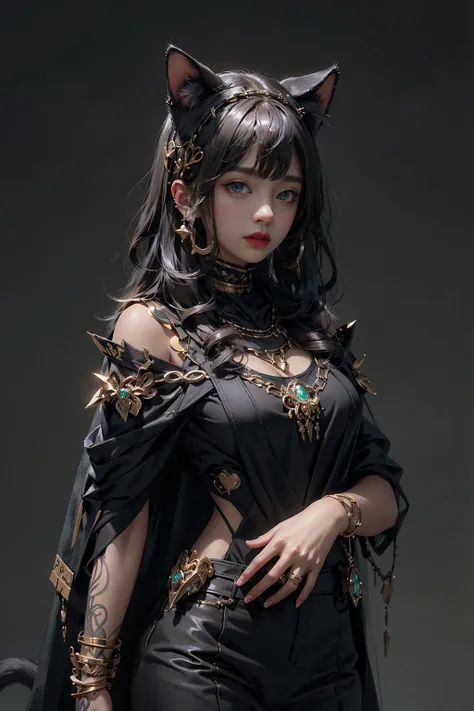A woman in a black outfit with a cat ears and a cape - SeaArt AI