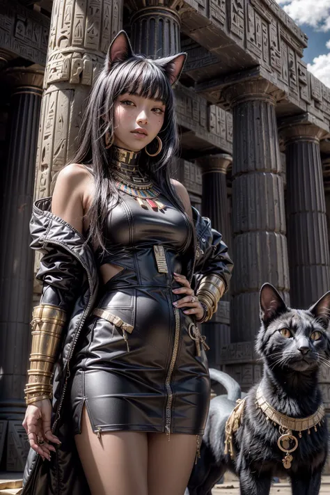 (realistic:1.3), finely detailed, quality, rembrandt lighting, (masterpiece:1.2), (photorealistic:1.2), (best quality), (detailed skin:1.3), (intricate details), dramatic, ray tracing, 1girl, japanese girl, black shoulder length hair, bangs hair, aloof, 21 years old, medium breasts, egypt, techwear jacket, short dress, bastet, futuristic, intricate, cyberpunk, (ancient egyptian temple, outdoors, sun, clouds, cute pose, strolling), <lora:Egyptgodpunkv.4:0.8>, <lora:add_detail:1>