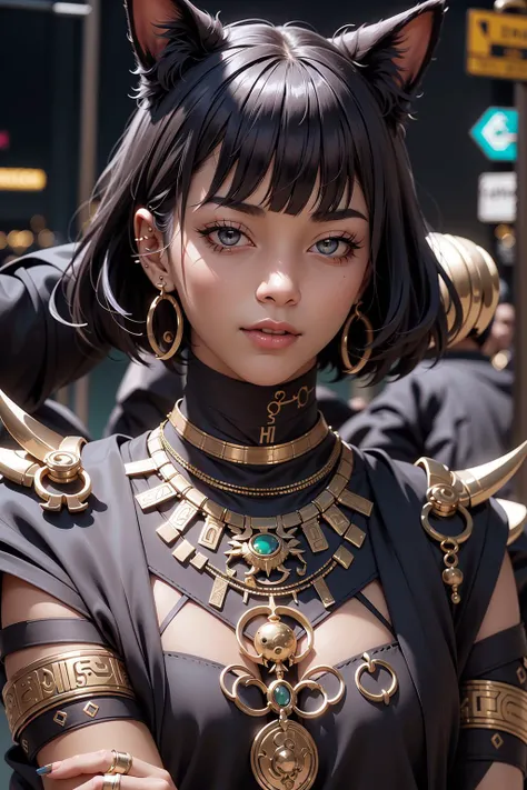 <lora:Egyptgodpunkv.4:0.8>, egypt, best quality, masterpiece, illustration, (realistic, photo-realistic:1.37), amazing, finely detail, incredibly absurdres, huge filesize, ultra-detailed, highres, extremely detailed CG unity 8k wallpaper, beautiful detailed girl, extremely detailed eyes and face, beautiful detailed eyes, ray tracing, nsfw, nude, 1girl, korean young girl, earrings, cat ear hairband, Let's take our Korean girl with short hair, embracing the Egyptian punk style, and immerse her in a bustling city street scene that pulsates with life. The backdrop unveils a vibrant metropolis, where ancient Egyptian motifs intermingle with the edginess of contemporary street culture. Our protagonist strikes a bold pose, perched on a graffiti-laden bench with a mischievous grin, exuding an air of confidence. The street is a visual feast, adorned with vibrant murals blending traditional hieroglyphics with futuristic cyberpunk motifs. Glowing holographic billboards dot the skyline, showcasing mesmerizing images of Egyptian deities and modern icons. Neon lights bathe the scene in a kaleidoscope of colors, illuminating the street below. The bustling crowd is an eclectic mix of fashion-forward individuals, adorned with golden accessories and punk-inspired attire, their presence adding an electric energy to the atmosphere. The fusion of ancient Egyptian grandeur and gritty urban street vibes creates an awe-inspiring tableau, capturing the essence of the Egyptian punk aesthetic in a modern and vibrant setting.