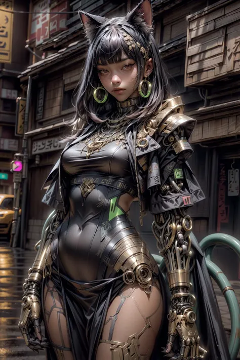(realistic:1.3), finely detailed, quality, rembrandt lighting, (masterpiece:1.2), (photorealistic:1.2), (best quality), (detailed skin:1.3), (intricate details), dramatic, ray tracing, 1girl, japanese girl, black shoulder length hair, bangs hair, aloof, 21 years old, medium breasts, egypt, short dress, bastet, futuristic, android, shoulder armor, upper armor, full armor, mechanical arms, neo-tokyo, cyberpunk, neon lights, (vibrant colors), rain, water, wet, puddles, (midnight, cowboy shot), <lora:nijiarmor:0.8>, <lora:Egyptgodpunkv.4:1>, <lora:add_detail:1>