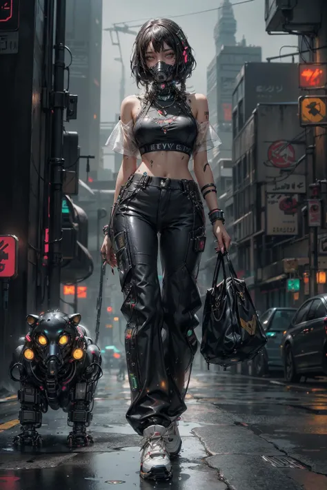 (AI_Misaki),((best quality)), ((masterpiece)), (detailed), 1girl, egypt,white hair, breaded hair, walking in street, long pants, by night, wet, ((cyberpunk mega city)), skyscrapers, robot arm, robot chest, neon environnement, dynamic movement, heavy rain, very detailed, octane render, gas mask,  <lora:add_detail:0.8><lora:Egyptgodpunkv.8-000010:0.8>