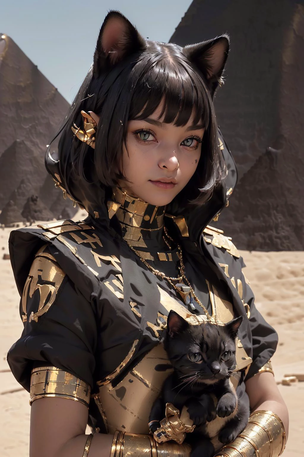 (best quality:1.4), (ultra highres:1.2), (photorealistic:1.4), (8k, RAW photo:1.2), ultra detailed, (techwear:1.3), a woman,(shining eyes looking at viewer:1.4), little smile, (animal ear:1.3), (egypt goddess:1.2), (holding little black kittens :1.4), short hair, (golden accessories:1.2), navel, necklace (black and gold theme:1.3),(great pyramid in background:1.6), (open chest:1.2),<lora:Egyptgodpunkv.4:0.8>