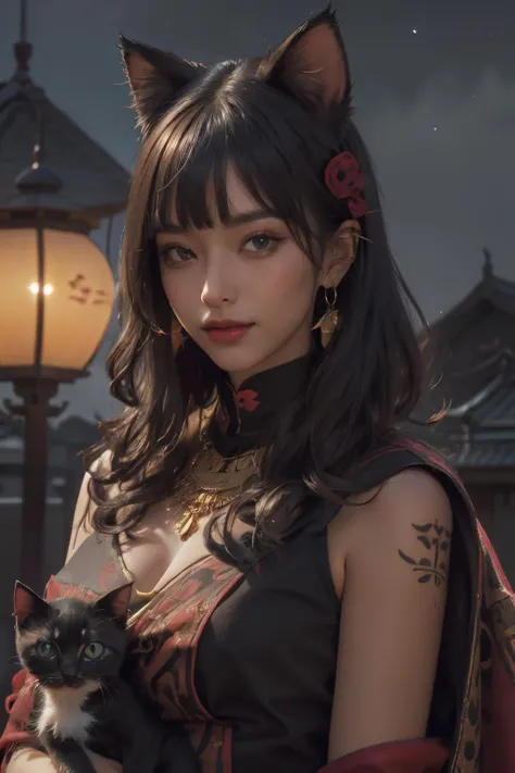 (masterpiece:1.3), (best quality:1.3), (realistic:1.3), (photorealistic:1.4), (extremely intricate:1.3), (exquisitely detailed skin), cinematic lighting, rimlight, vibrant color, depth of field, ultra high res, 8k, uhd, perfect anatomy, best shadow, ray tracing, delicate, intricate detailed, raw photo, hdr, sharp focus, 1girl, solo, beautiful woman wearing egypt kimono, bare shoulder, (large breasts:1.3), (black and red cloth:1.3), random hairstyle, hairclip, hair ornament, hairband, jewelry, earrings, necklace, looking at viewer, naughty smile, japanese tattoo, japanese architecture, japanese festival, japanese lanterns, stone lanterns, nighttime, starry sky, dark atmosphere, moon, cloud, scenery, egypt god, bastet, cat ears, many cats, (holding little kittens :1.4) <lora:Egyptgodpunkv.4:0.7>