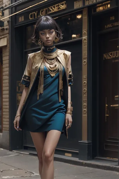 1girl,city street, <lora:shirtliftv3:1> <lora:Egyptgodpunkv.4:1>(masterpiece, raw photo, fashion editorial),gold shot,dress,