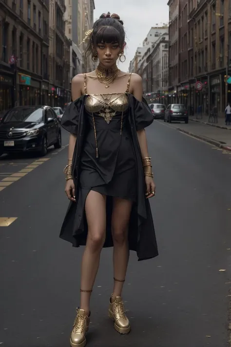 1girl,city street, <lora:shirtliftv3:1> <lora:Egyptgodpunkv.4:1>(masterpiece, raw photo, fashion editorial),gold shot,dress,
