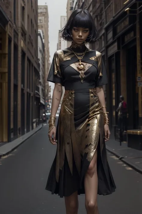 1girl,city street, <lora:shirtliftv3:1> <lora:Egyptgodpunkv.4:1>(masterpiece, raw photo, fashion editorial),gold shot,dress,