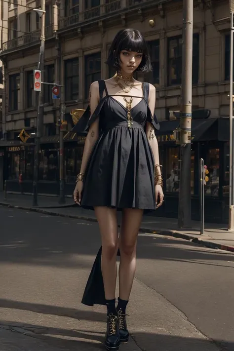 1girl,city street, <lora:shirtliftv3:1> <lora:Egyptgodpunkv.4:1>(masterpiece, raw photo, fashion editorial),gold shot,dress,