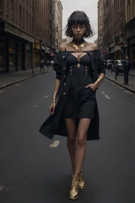 1girl,city street, <lora:shirtliftv3:1> <lora:Egyptgodpunkv.4:1>(masterpiece, raw photo, fashion editorial),gold shot,dress,