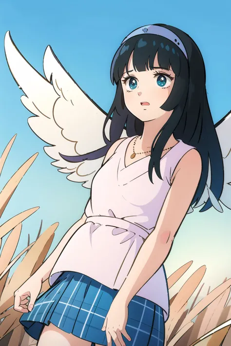 (ultra-detailed:1.3), (super fine illustration:1.2), (best quality:1.3), (masterpiece:1.3), (disheveled hair, beautiful detailed eyes:1.1), (high resolution),
1 girl,
<lora:DaimosV1:0.7>erika, angle wings, long hair, black hair,
(Kilt), hair blowing in the wind, wheat field background, blue sky,
cowboy shot