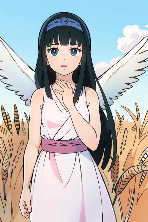(ultra-detailed:1.3), (super fine illustration:1.2), (best quality:1.3), (masterpiece:1.3), (disheveled hair, beautiful detailed eyes:1.1), (high resolution),
1 girl,
<lora:DaimosV1:0.7>erika, angle wings, long hair, black hair,
(tibetan national costume), hair blowing in the wind, wheat field background, blue sky,
cowboy shot