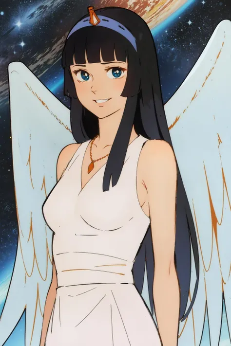 masterpiece, best quality, solo,1girl, space, upper body, looking at viewer,
<lora:DaimosV1:0.8>erika, angle wings, (very long dress),long hair, smile,