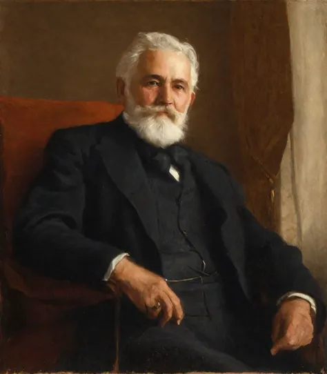 a painting of an old man sitting by AZrn, upper body, facial hair, beard, white hair, old man, male focus, solo, formal, mustache, suit, looking at viewer, manly, upper body, indoors, curtains, chair