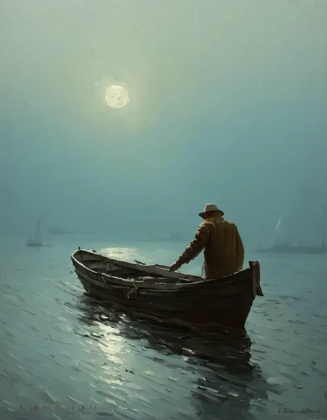 Palette Knife Oil Painting of a fisherman in a boat on foggy sea