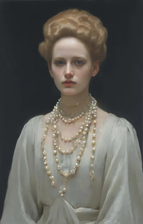 Srgnt, an oil painting, Horror Academia aesthetic, a defiant Danish woman with a pearl necklace and an air of quiet confidence, reminiscent of a bygone era, soft-hued colors, stunning background. dark and moody, a mesmerizing blend of light and shadow. masterpiece, absurdres, intricate details