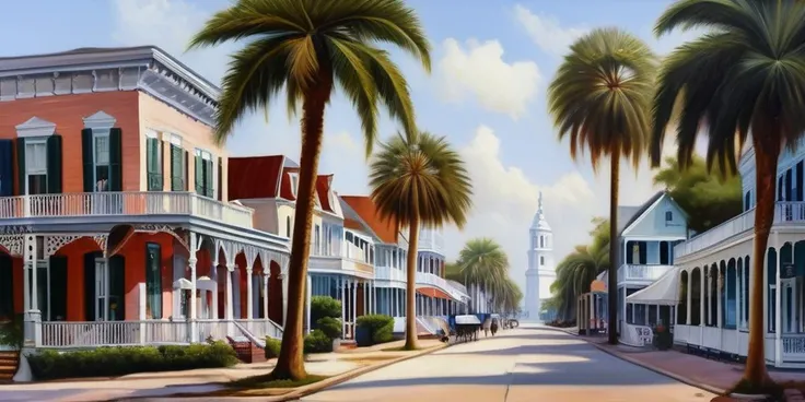 masterpiece Oil painting of coastal colonial town, rule of thirds, Fibonacci,  romantic era, downtown, regal, georgian style, church steeples in background, sega palm trees, shaded by oak trees with spanish moss, market street, United States