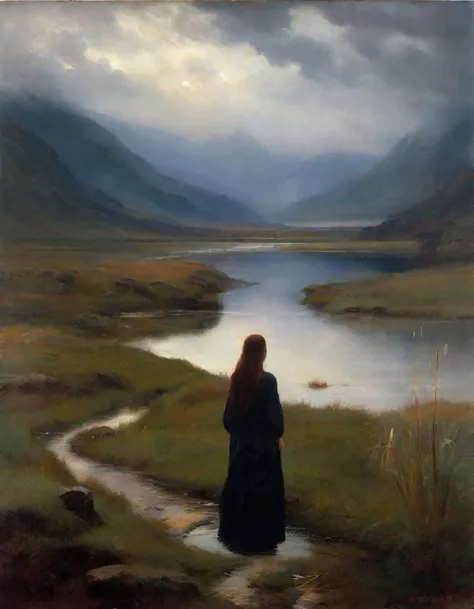 The image portrays a somber ethereal landscape dominated by misty mountains low-hanging clouds and a damp terrain. In the foreground a figure with long flowing hair stands near a calm pond or river. The entire scene has a gothic and otherworldly atmosphere invoking feelings of unease and mystery., standing, cloudy sky, cloud, outdoors, scenery, woman, grass, painting, old ruins