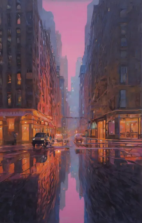 Chpln, an oil painting, Cryptidcore aesthetic, a neon-drenched cityscape reflecting in a puddle after a rainy night, pastel colors, stunning background. dark and moody, a mesmerizing blend of light and shadow. masterpiece, absurdres, intricate details