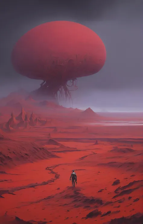 TdRll, an oil painting, Cybergoth aesthetic, a panoramic view of a barren wasteland under a swirling storm of red dust, with the skeletal remains of a giant creature in the distance, vivid colors, stunning background. warm and bright sunlight, a mesmerizing blend of light and shadow. masterpiece, absurdres, intricate details