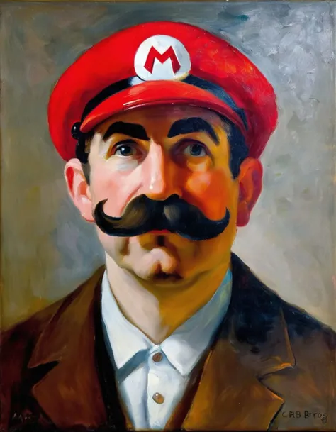 an oil painting portrait of mario bros, indoors, front view, man,, mustache, big nose, red cap, (crbgg, rmbrndt), impasto, baroque