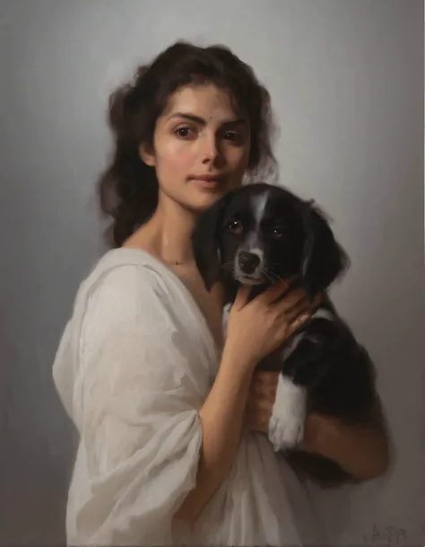 Oil Painting of a beautiful woman holding a cute puppy by WllBgr, dramatic lighting