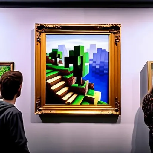 photograph of oil painting, masterpiece, painting of Minecraft, visible brush work, 4k, painting hanging in art gallery with other art, signature