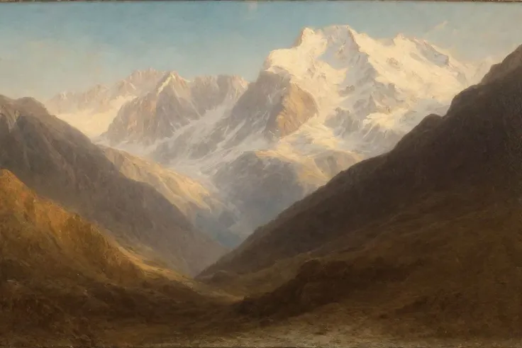 an oil painting of a mountain by WllBgr, bougeureau, snow, scenery