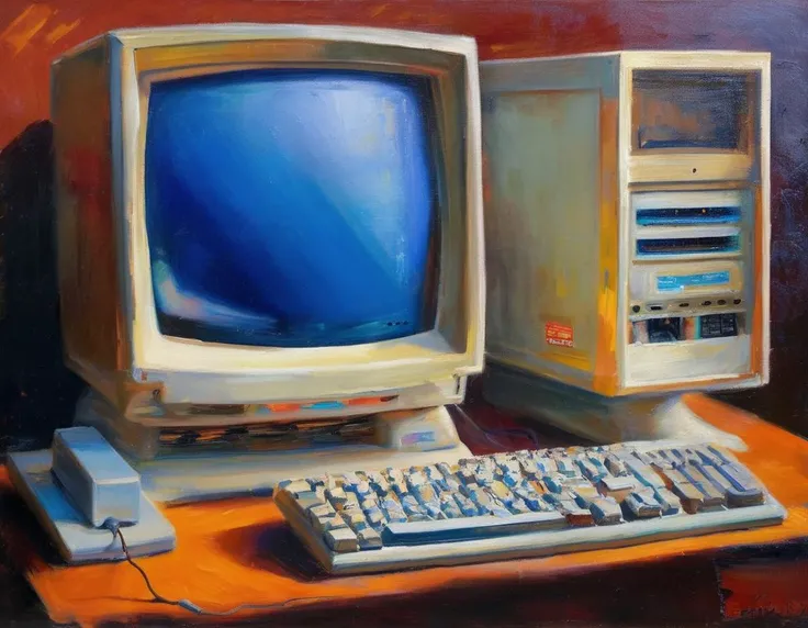 a painting study of an old computer,  windows 98, windows xp, cathode screen