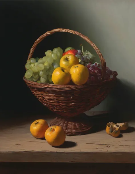 oil painting of a fruit basket on an old wooden kitchen table by AlfMch, dramatic lighting