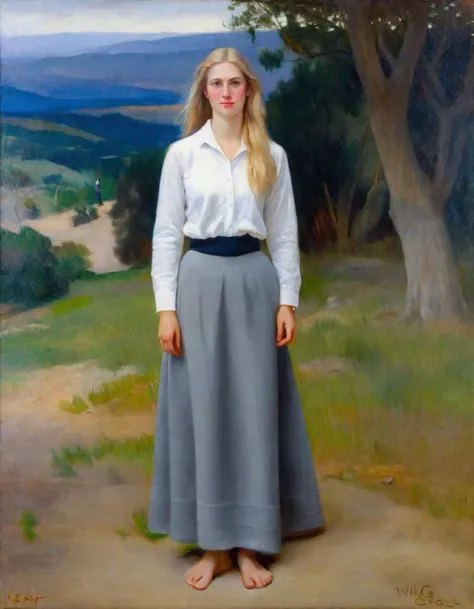 an oil painting of a standing woman by WllBgr, front view, outdoors, grey skirt, white shirt, full body, barefoot, blonde hair, long sleeves, long hair, looking at viewer