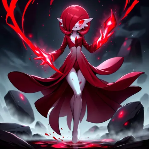 <lora:BloodMagic-20:0.8> bloodmagic, fantasy, magical energy, blood, evil smile,
best quality, (Masterpiece) , full body, simple background , dynamic pose, <lora:gardevoir_V2:1>, (red hair), red skin , hair over one eye, multicolored skin, pokemon \(creature\), red eyes, short hair, two-tone skin, white skin , cloudy sky, wide shot, glowing eyes, floating object, rocks, gardevoir , long skirt ,