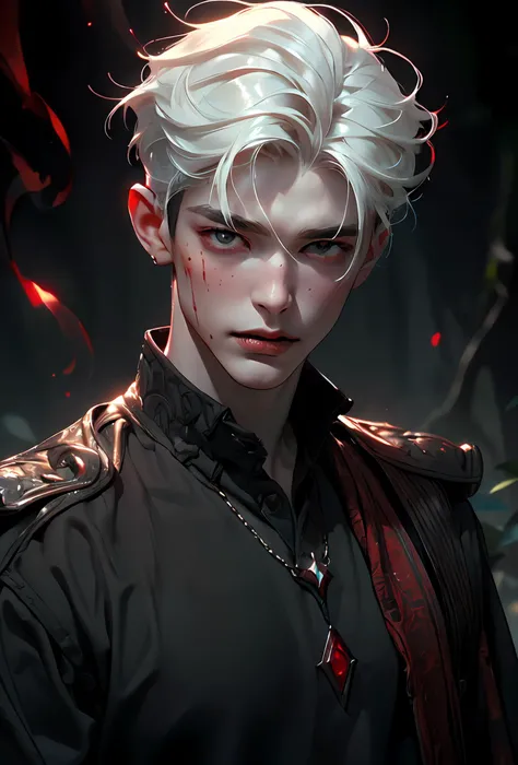 <lora:AIBloodMagic-20>,vampire,fangs,bloodmagic,fantasy,magical energy,(blood:1.2),(ultra_realistic:1.3),(photorealistic:1.4),sharp focus,wild shot,1boy,yaoi,(a tall handsome male, 20 Y.O.),(short white hair),male focus,(handsome muscular male),closed mouth,detailed eyes,(detailed shiny white skin texture),(detailed perfect handsome young face),(broad shoulders:1.2),narrow waist,