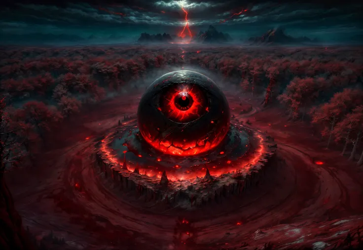 <lora:add_detail:0.5> <lora:BloodMagic:0.6> (masterpiece, best quality, realistic, detailed, crisp:1.2), intricate details, (landscape, bloodmagic giant eye in the sky), red forest, mountains, barren land, blood tendrils, red lightnings, fissures, cracked ground, glowing red, magical energy, (blood, heavy shadows:1.2), high angle, from above, dim light, <lora:epi_noiseoffset2:1>