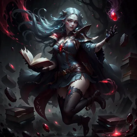 magic, western clothing , original character design, game characters, 1girl, solo, book, long hair, gloves, blue hair, blue eyes, floating object, gradient, thighhighs, gradient background, elbow gloves, cape, full body, open book, floating, boots, very long hair, holding, looking at viewer, dress, grey background, quill, floating book, gold trim
<lora:BloodMagic-20:0.8>,bloodmagic ,magical energy , mana,
