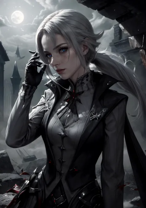 The Shadowed Ruins: A desolate, haunted landscape scattered with crumbling, ancient ruins. Eerie mist shrouds the area, and ghostly apparitions wander the decaying structures,<lora:BloodMagic:0.4>,bloodmagic,fantasy,magical energy,blood,<lora:arle:0.8>,1girl,solo,white hair,black hair,multicolored hair,x-shaped pupils,black eyes,arle_suit,elbow gloves,black claws,long ponytail, AS-AdultV2,cowboyshot,dynamic angle,(fantasy style:1.2),(high quality:1.3),(best quality:1.3),(masterpiece:1.3),official art,official wallpaper,4k textures,(epic:1.2),(mysterious atmosphere:1.2),moonlight setting,midnight sky,(twilight:1.2),subtle sparkles,whimsical vibes,(detailed:1.05),(extremely detailed:1.06),sharp focus,(intricate:1.03),(extremely intricate:1.04),low contrast,soft cinematic light,soothing tones,hdr,(beautiful scenery:1.08),(detailed scenery:1.08),(intricate scenery:1.07),(wonderful scenery:1.05),(beautiful face:1.1),[perfect eyes:0.8],[perfect skin:0.8],[detailed face:0.8],[detailed eyes:0.8],[detailed hair:0.9],[detailed lips:0.8]