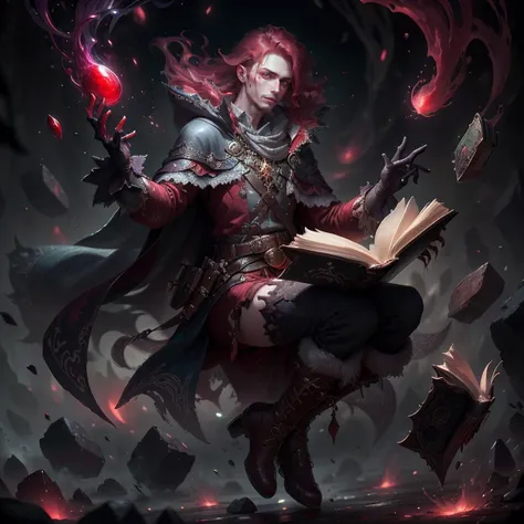 man,1boy,magic, western clothing , original character design, game characters, 1girl, solo, book, long hair, gloves, red hair, red eyes, floating object, gradient, thighhighs, gradient background, elbow gloves, cape, full body, open book, floating, boots, very long hair, holding, looking at viewer, dress, grey background, quill, floating book, gold trim
<lora:BloodMagic-20:0.8>,bloodmagic ,magical energy , mana,